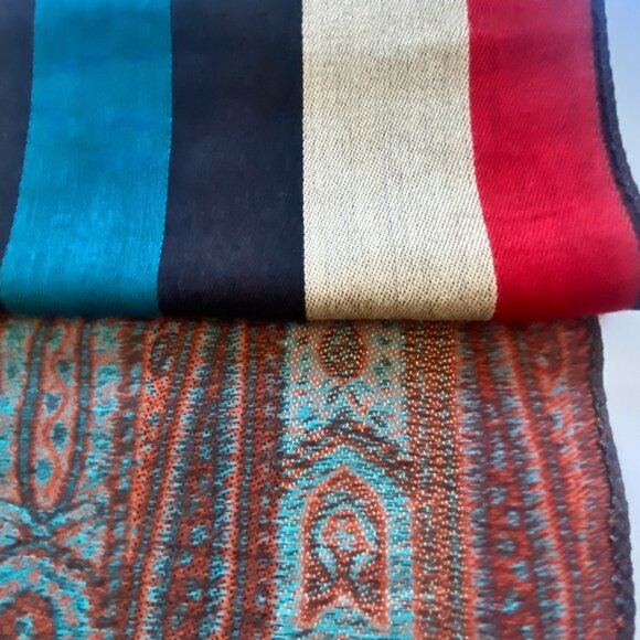 Pashmina Scarf Bold Stripes & Pattern Turquoise Red Navy Tan Gold Fringe EUC - Picture 3 of 7